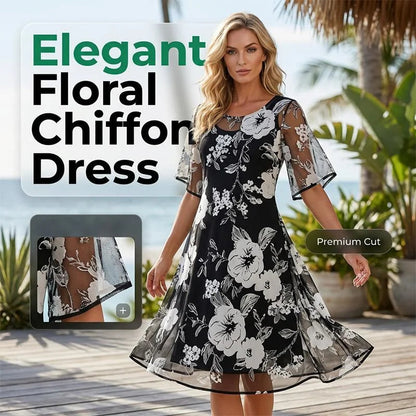 ✨ Women's A-Line Floral Dress — Double-Layer Chiffon, Elegant Print, Knee-Length Cut 👗