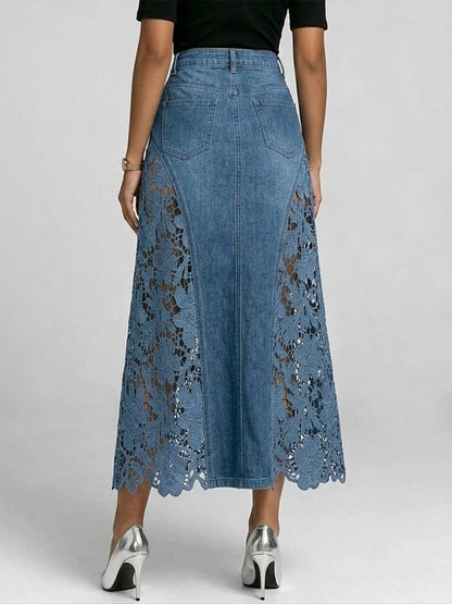 Casual Spliced lace Denim Skirt