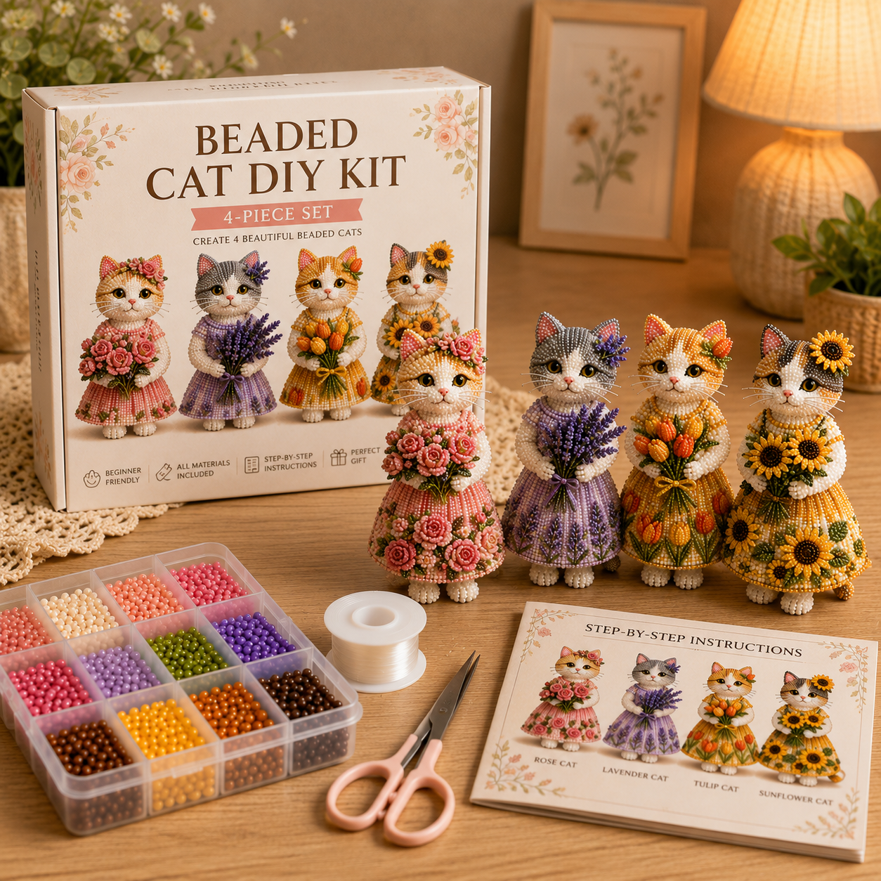 Beaded Cat DIY Kit – 4-Piece Handmade Floral Cat Collection for Adults