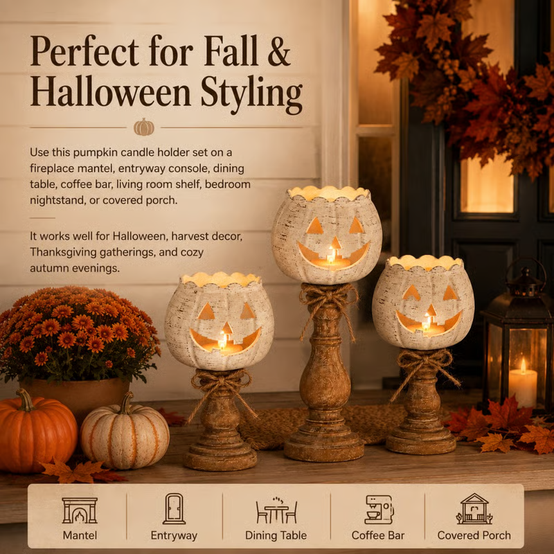 🕯Harvest Glow White Pumpkin Tealight Holders – Set of 3