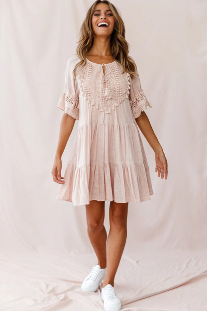 Jada Crochet and Tassel Kaftan Dress Beige