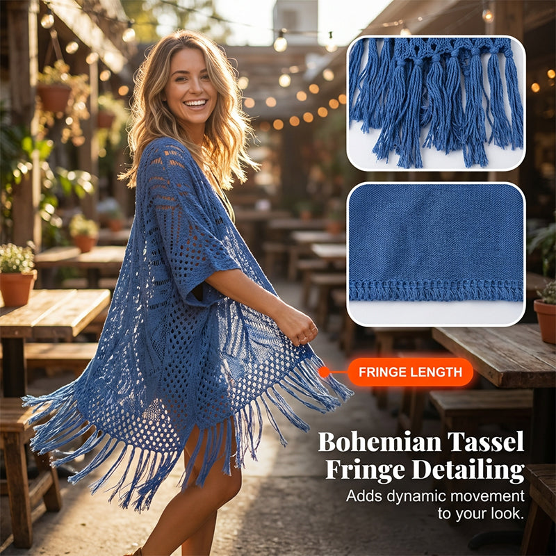 Women's Open-Front Knit Cover-Up with Tassel Fringe – Bohemian & Lightweight – Beach Essential