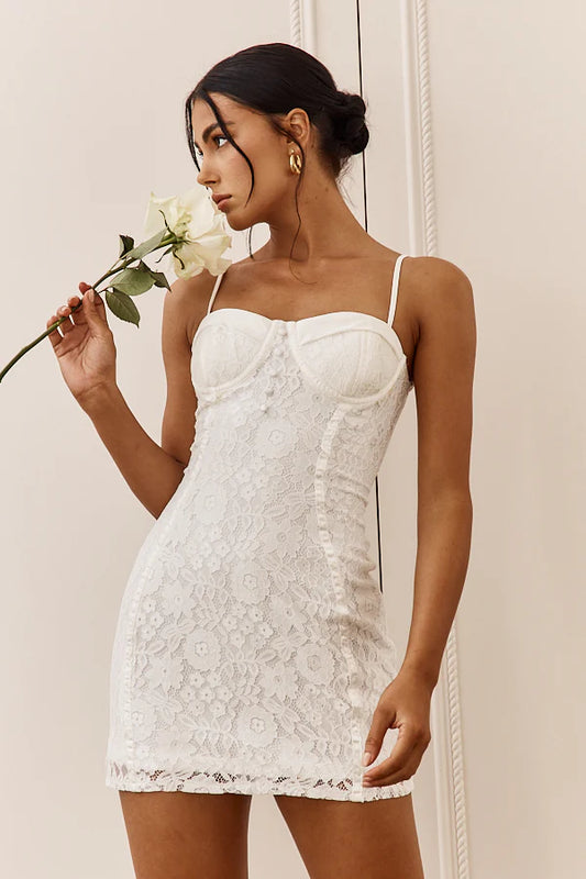Take A Risk Lace Satin Trim Mini Dress White