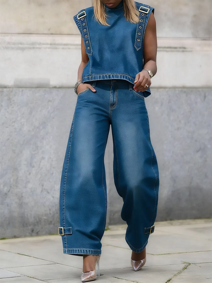Stylish Casual Strap Detail Loose H-line Jeans