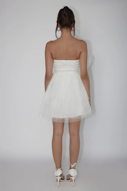 Deana Bow Bust Strapless Mini Dress Spotty White