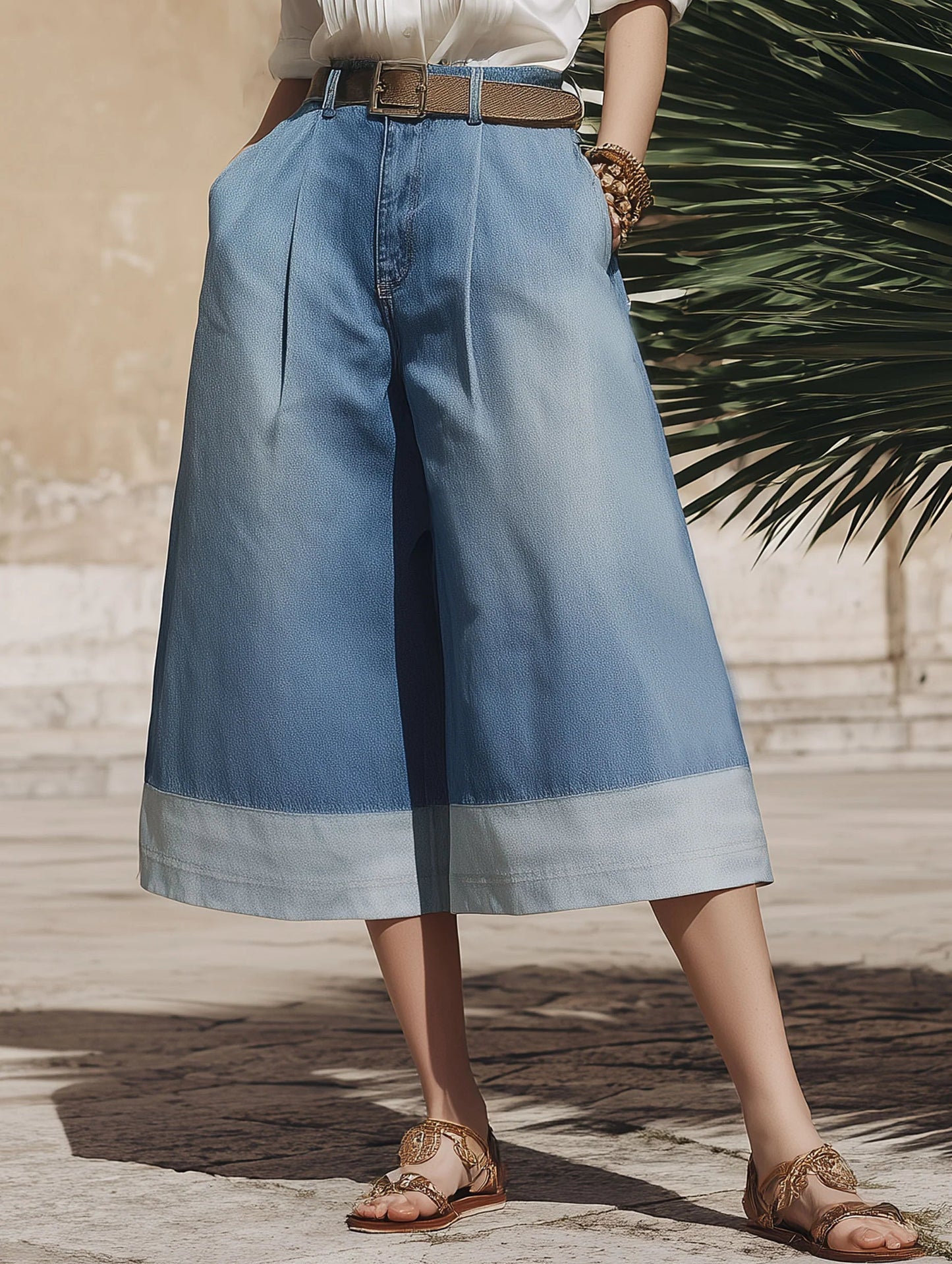 Casual Paneled Wide-leg 3/4-length Jeans