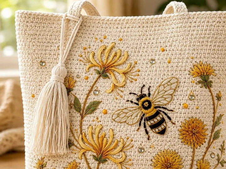 🐝🧶Handmade Crochet Bee/Hummingbird Embroidered Tote Bag🌼