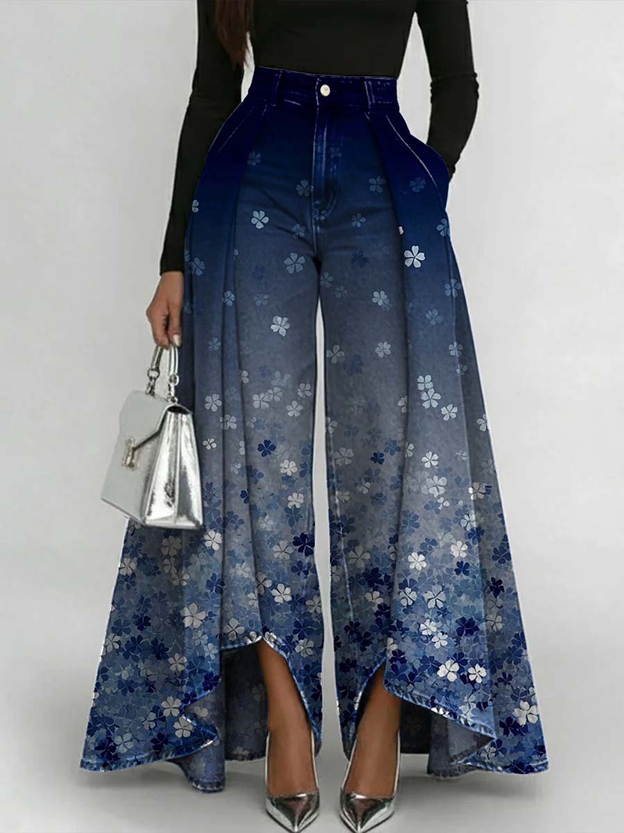Women's Retro Flower Art Print Casual High-waist Loose Jeans