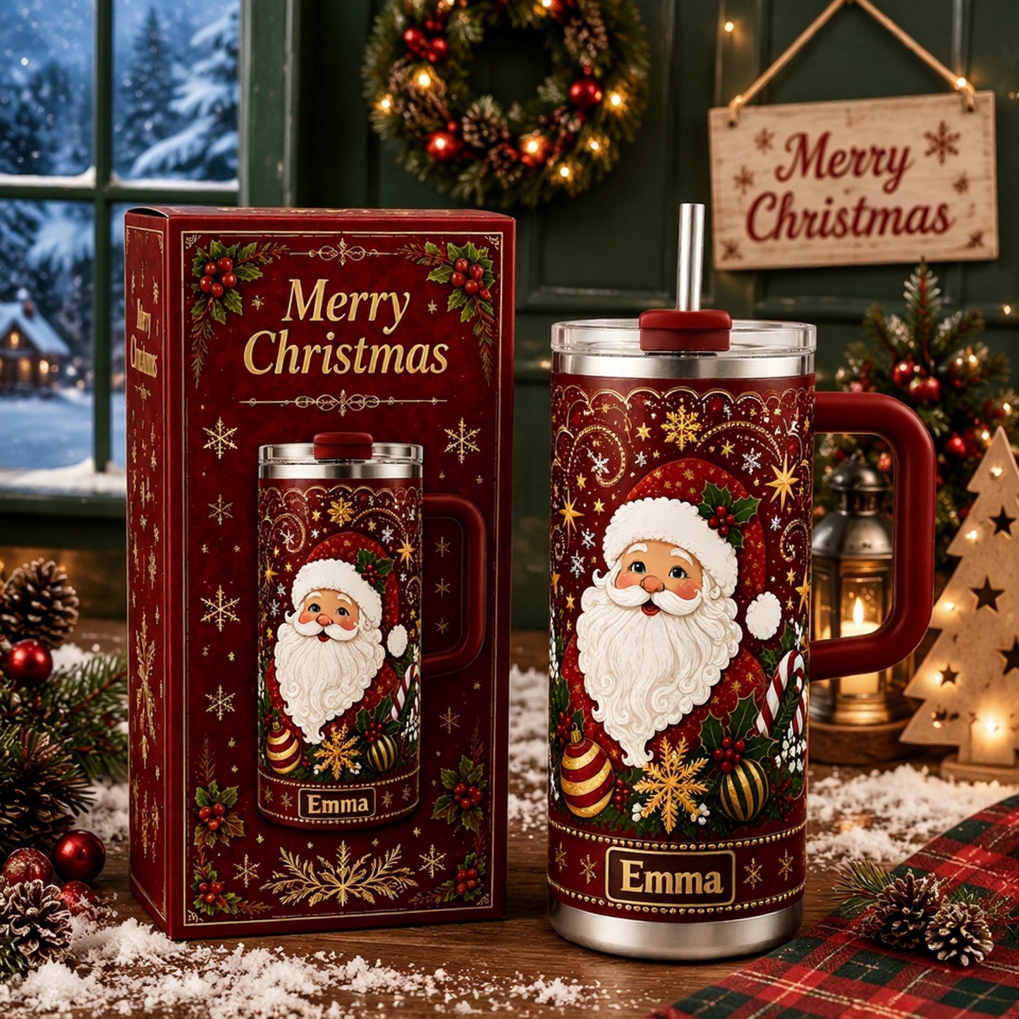 🎅 Personalized Christmas Santa Snowflake 40oz Handle Tumbler 🎄✨