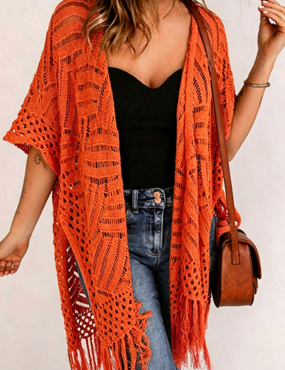 Women's Open-Front Knit Cover-Up with Tassel Fringe – Bohemian & Lightweight – Beach Essential