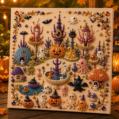 Premium 3D Pearl Halloween Wall Art Kit | Luxury Flocked Canvas with Scratch-Resistant Non-Fading Pearl Beads DIY Spooky Decor – Buy 2 Free Shipping