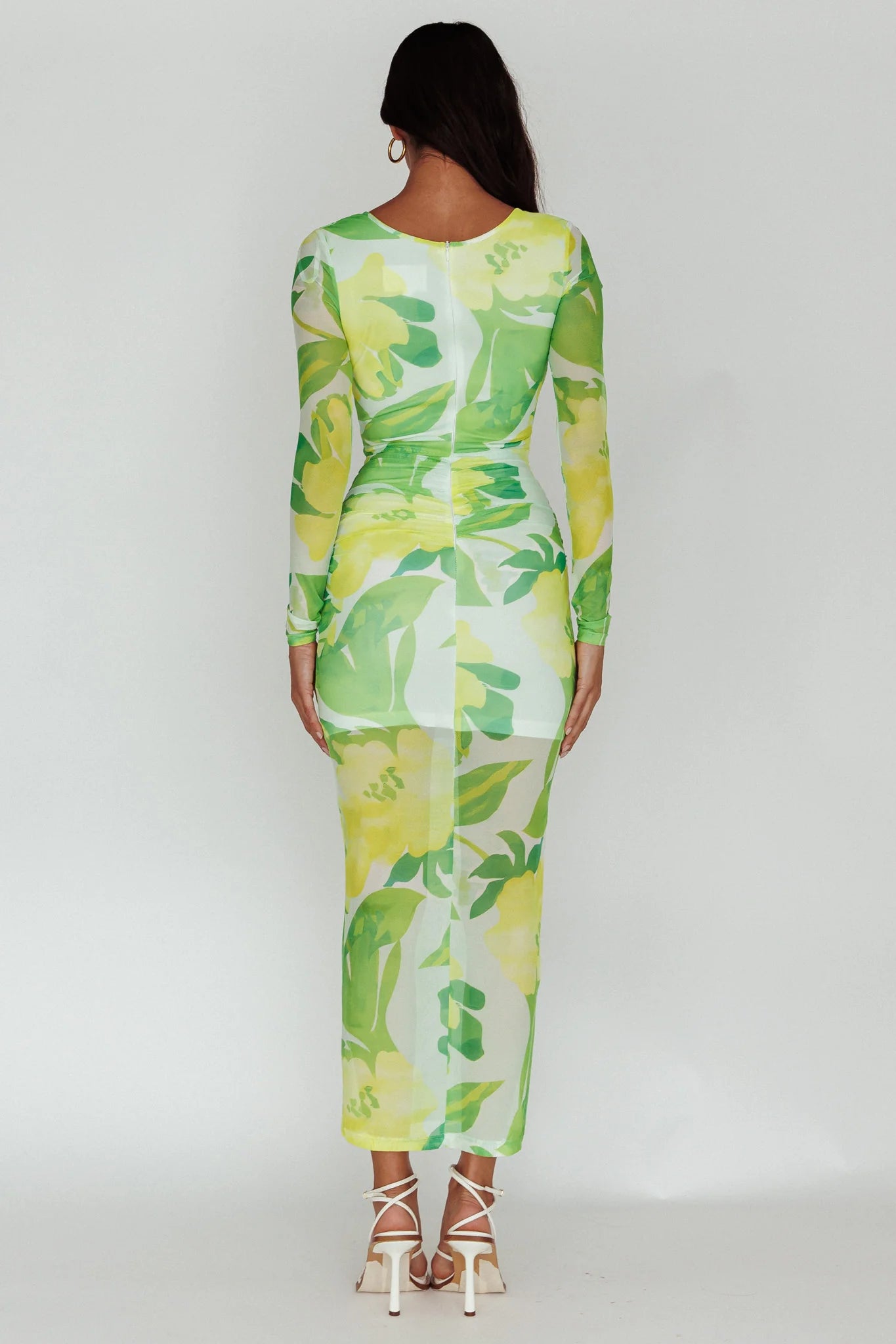 Chardae Long Sleeve Mesh Midi Dress Floral Green