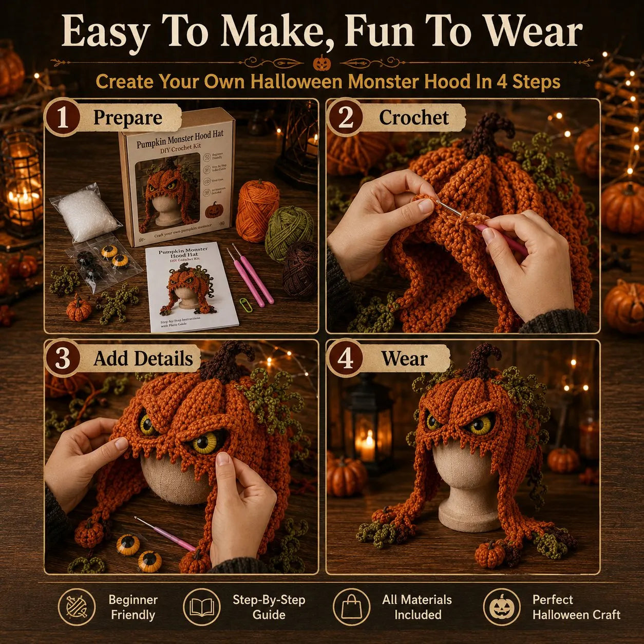 🔥 LAST DAY 49% OFF – 🎃 Halloween Monster Hood DIY Crochet Kit | Premium Soft Yarn Materials with Step-by-Step Guide DIY Handmade Wearable Character Hood 🧶🎭✨