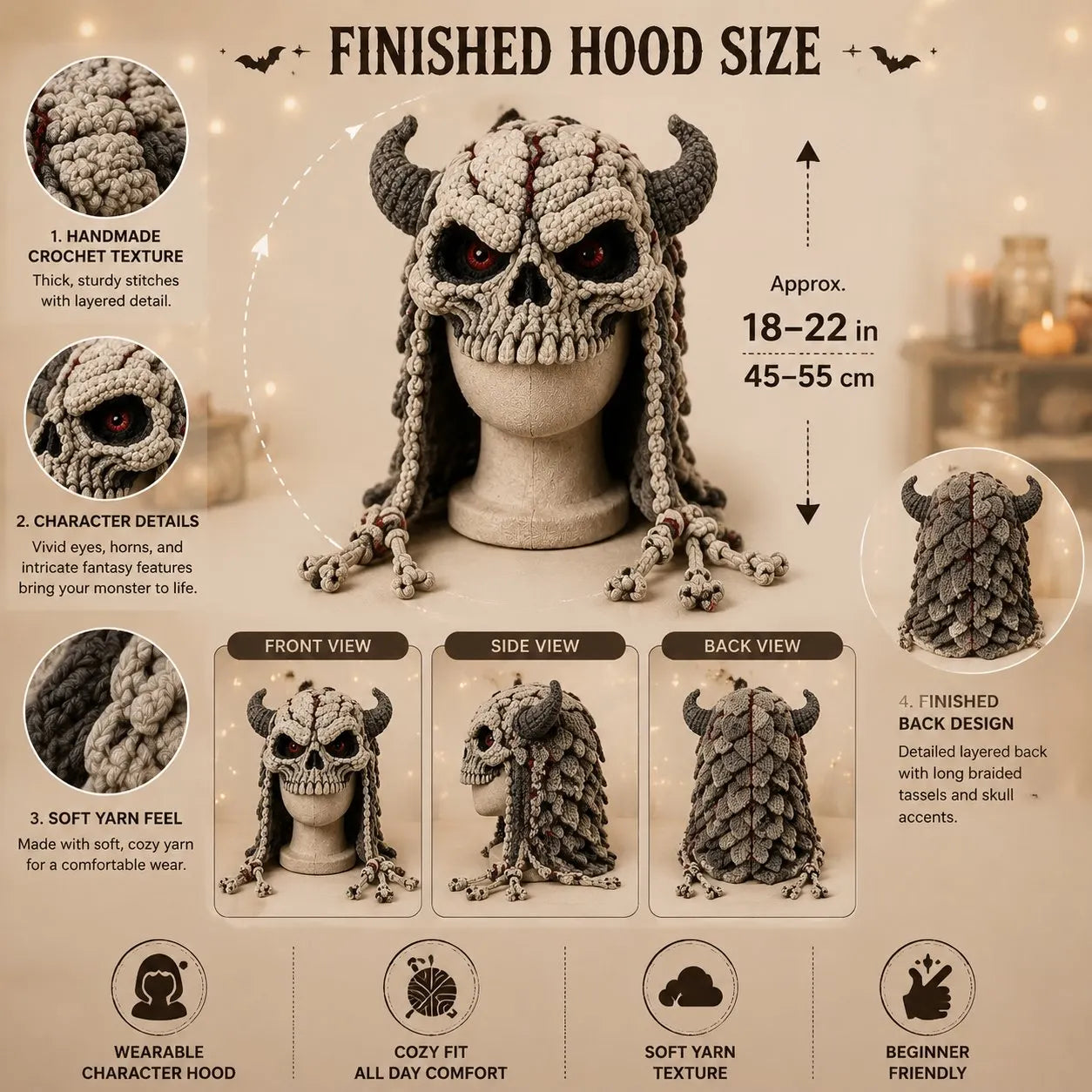 🔥 LAST DAY 49% OFF – 🎃 Halloween Monster Hood DIY Crochet Kit | Premium Soft Yarn Materials with Step-by-Step Guide DIY Handmade Wearable Character Hood 🧶🎭✨