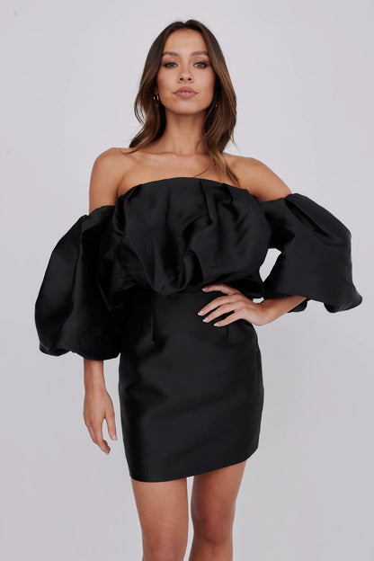 Dream Time Puffed Neckline Mini Dress Black