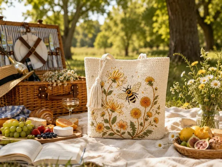 🐝🧶Handmade Crochet Bee/Hummingbird Embroidered Tote Bag🌼