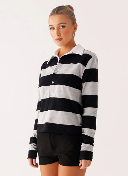 Beckett Polo Top - Grey Black Stripe