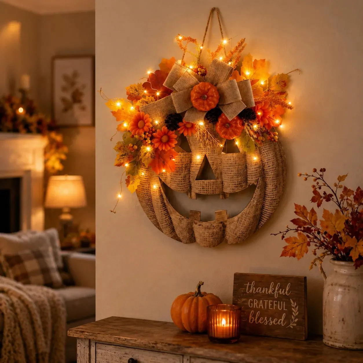 🎃 Lighted Burlap Pumpkin Wreath