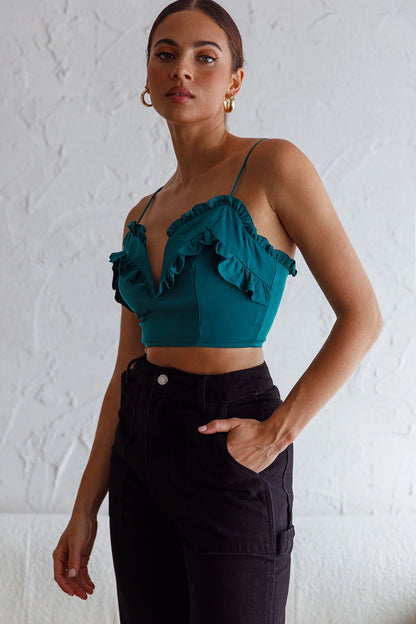 La Seine V-Neckline Frill Trim Crop Top Forest Green
