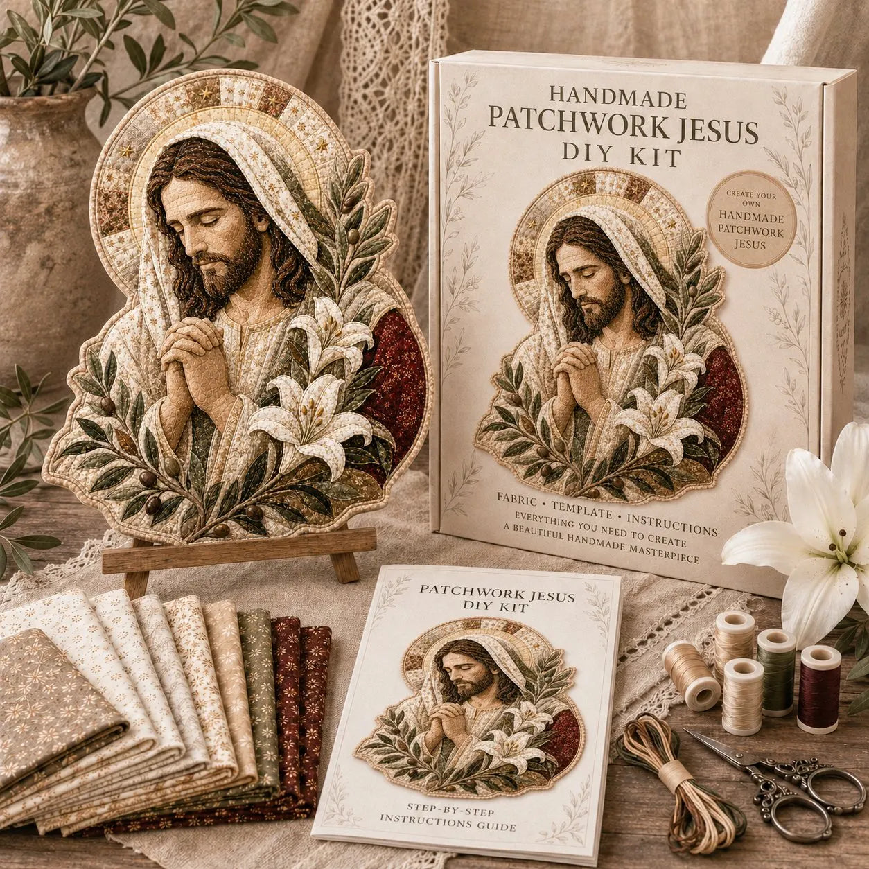 ✝️🧵 Premium Handmade Patchwork Jesus DIY Kit | High-Quality Layered Fabric with Stitched Details DIY Handmade Devotional Decor 🕊️✨