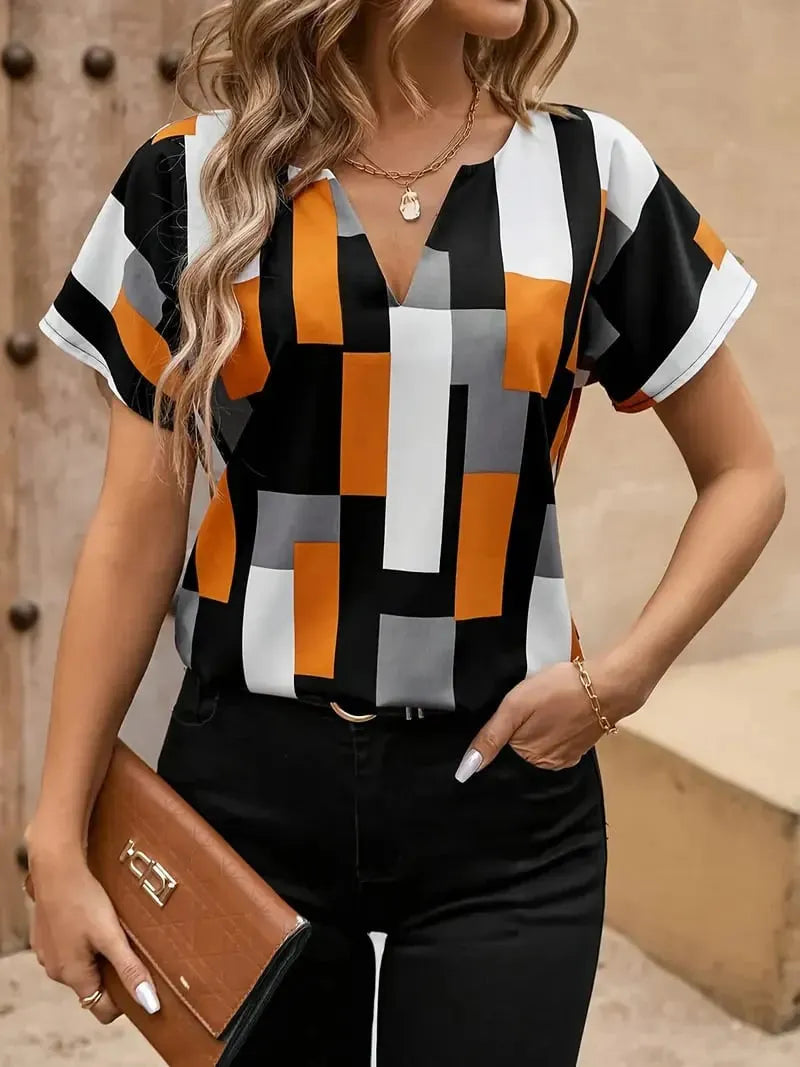 💥LAST DAY 49% OFF💥Women's Plus Size Color Block Shirt Blouse Short