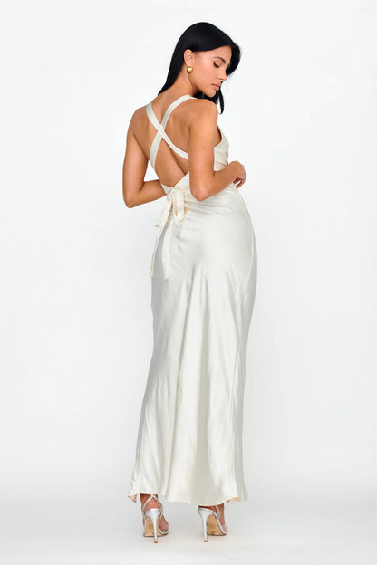 Midnight Sun Asymmetrical Strap Maxi Dress Oyster