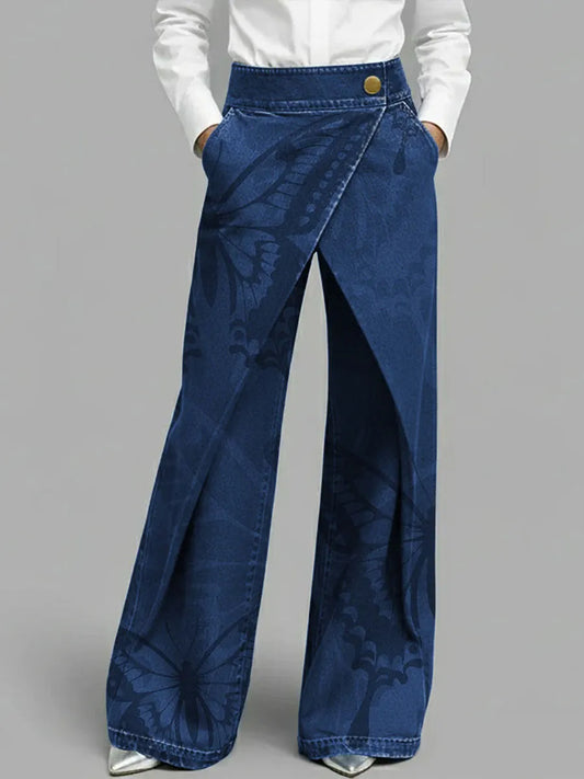 Women's Butterfly Art Print High-waisted Casual Loose-fitting Wide-leg Jeans