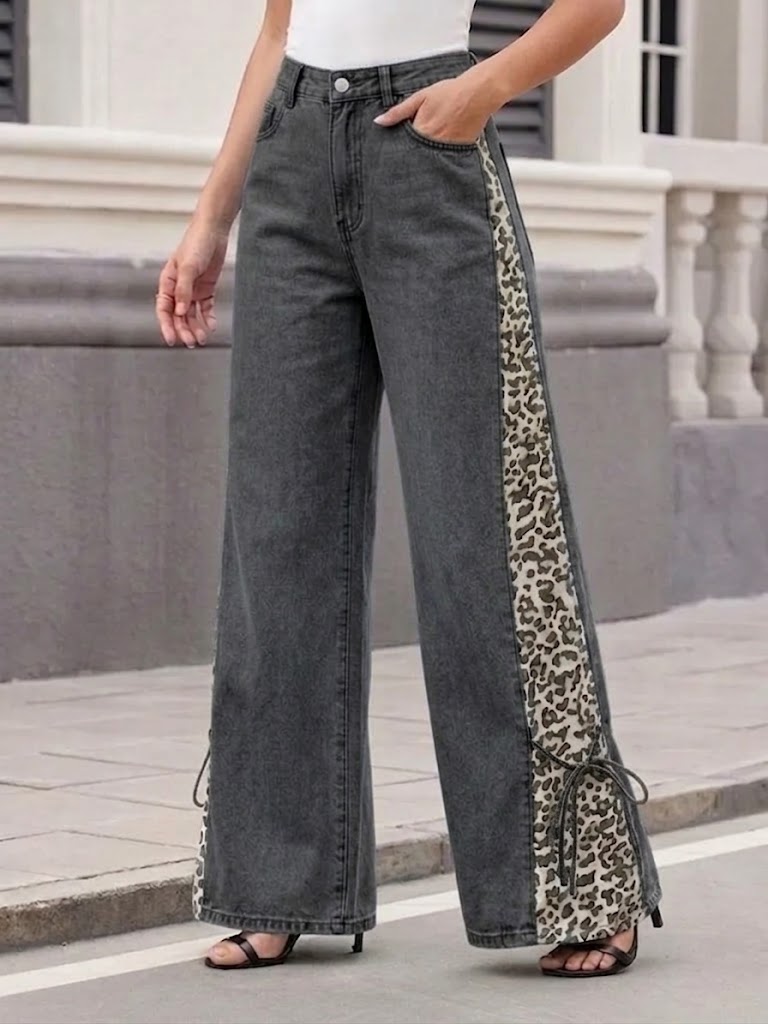 Streetwear Leopard Print Denim Flare Trousers | High Waist Wide Leg Lace Up Jeans