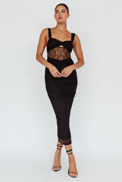 Oliana Embroidered Mesh Midi Dress Black
