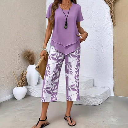 🌸Summer Hot Sale 55% OFF💖Casual Round Neck Layered Tunic Top & Wide Leg Pants Set👚👖