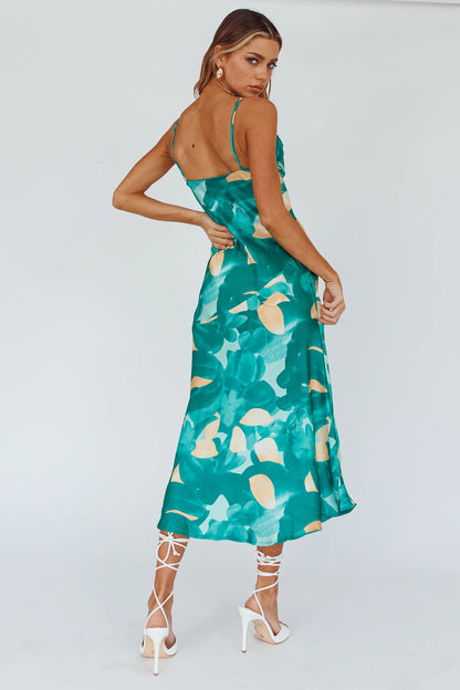 Well Versed Pleated Bust Front Split Dress Flora Green