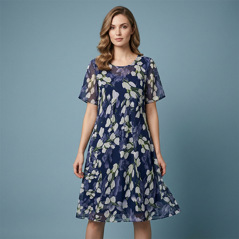 ✨ Women's A-Line Floral Dress — Double-Layer Chiffon, Elegant Print, Knee-Length Cut 👗