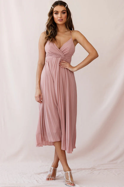 Artemis Accordion Pleat Strappy Back Midi Dress Blush