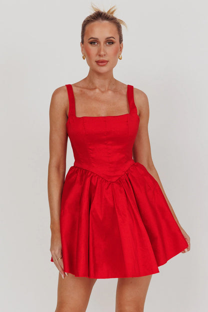Found You Square Neck Flared Mini Dress Red