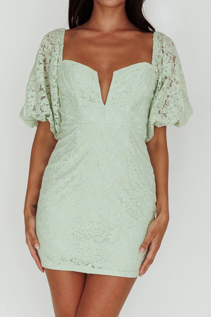 Good Vibes Puff Sleeve Deep V-Neckline Lace Mini Dress Sage