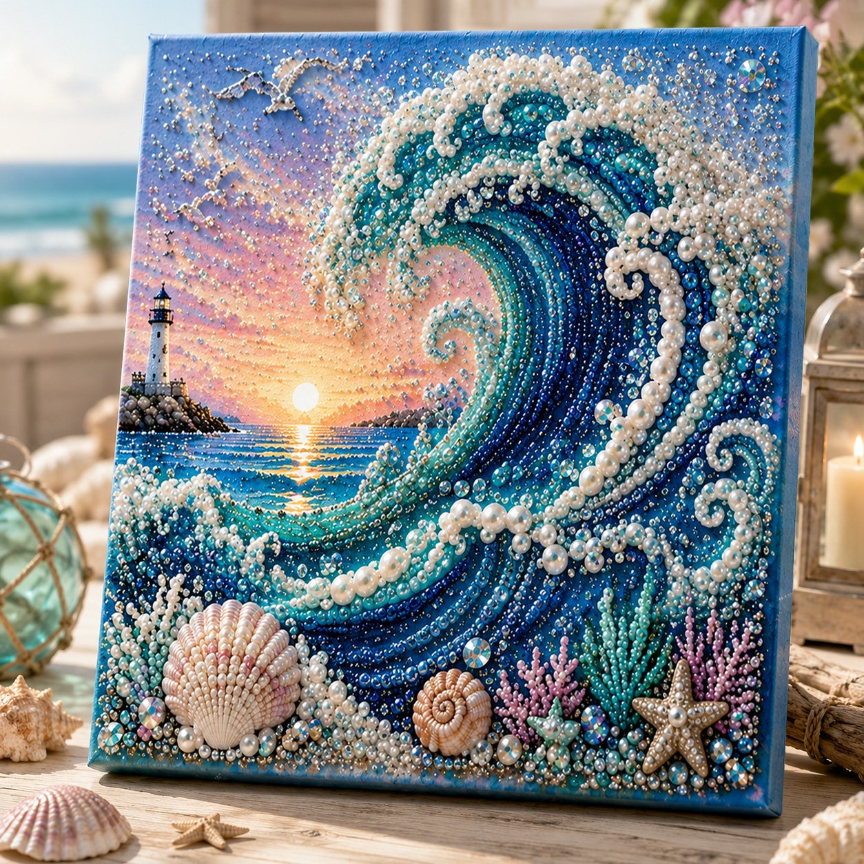Premium 3D Pearl Ocean Wall Art Kit | Luxury Flocked Canvas with Scratch-Resistant Non-Fading Pearl Beads DIY Coastal Decor – Buy 2 Free Shipping