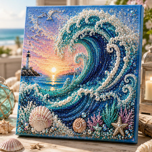 Premium 3D Pearl Ocean Wall Art Kit | Luxury Flocked Canvas with Scratch-Resistant Non-Fading Pearl Beads DIY Coastal Decor – Buy 2 Free Shipping