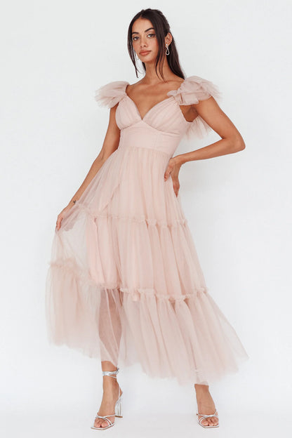 Amal Ruffle Shoulder Tulle Midi Dress Nude