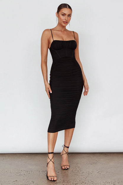Malibu Sun Ruched Midi Dress Barbie Black
