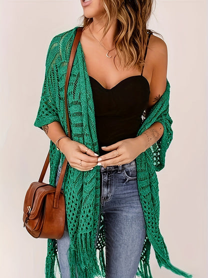 Women's Open-Front Knit Cover-Up with Tassel Fringe – Bohemian & Lightweight – Beach Essential