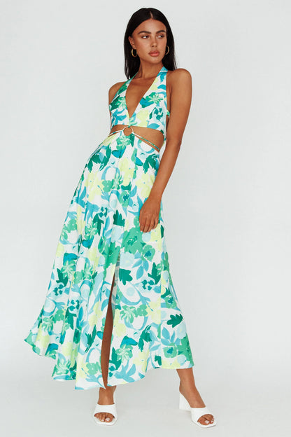Tuscan Summers Cut-Out Midi Dress Floral Green
