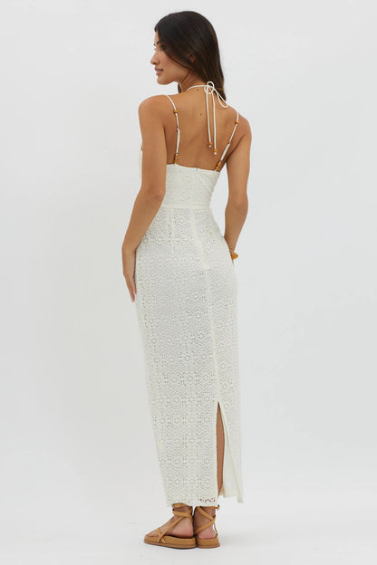 Namaste Bead Strap Lace Midi Dress White