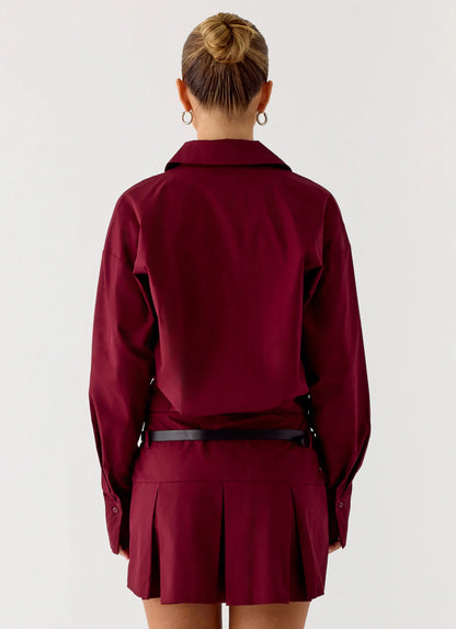 Rio Pleated Shirt Mini Dress - Maroon