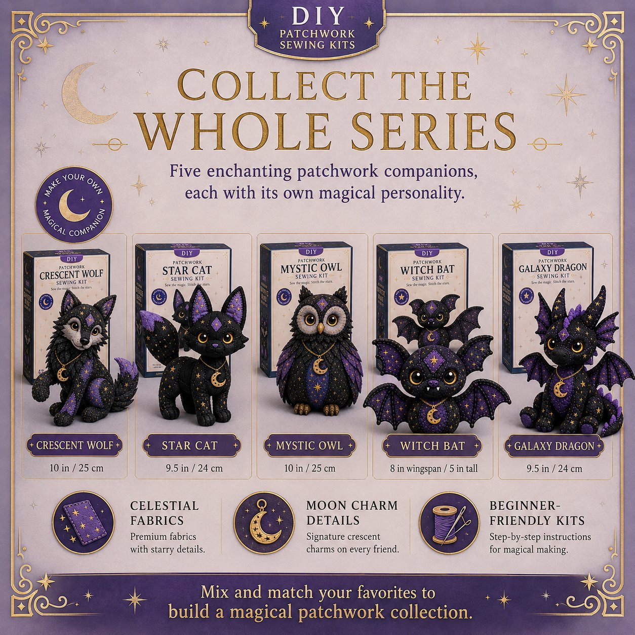🐱Mystic Patchwork Animal Sewing Kit – DIY Plush Craft Kit with Starry Fabric, Moon Charm