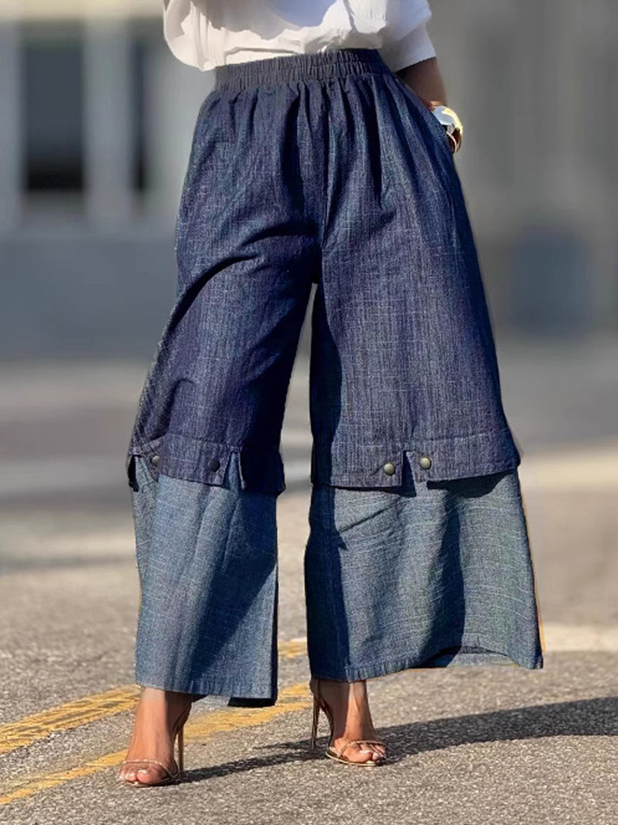 Women's Patchwork Color-blocked Wide-leg Jeans