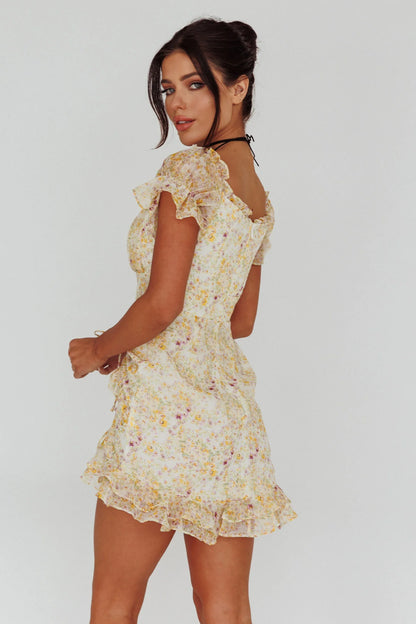 Linka Drawstring Detail Frill Dress Floral Beige