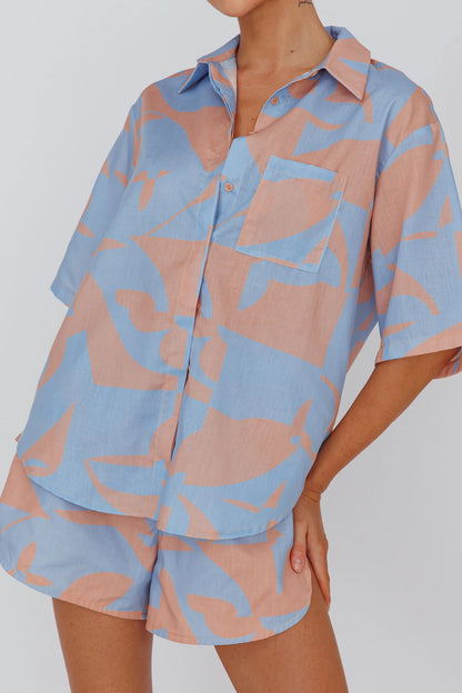 On Vacay Button-Up Shirt Print Blue