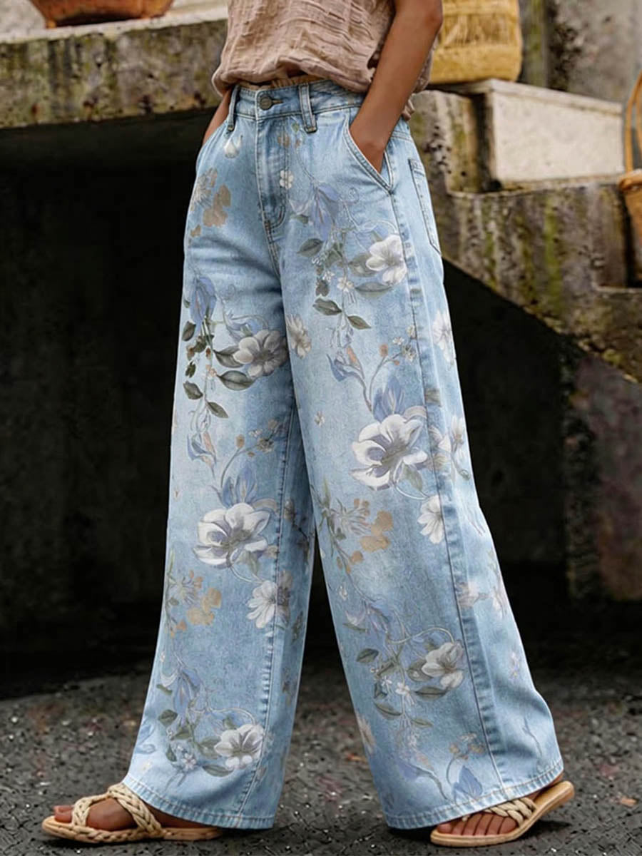 Women's Printed High-waisted Loose Wide-leg Jeans