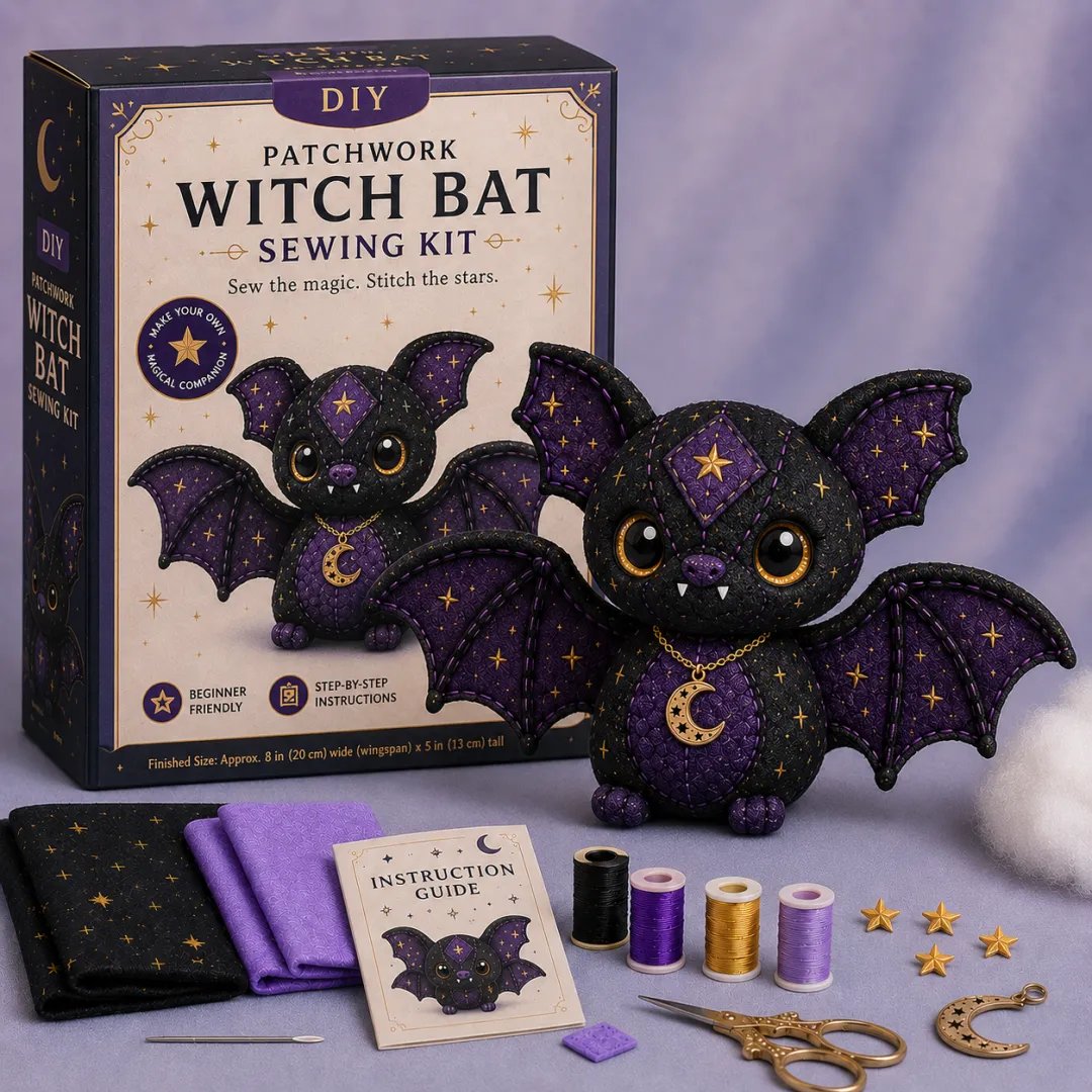 🐱Mystic Patchwork Animal Sewing Kit – DIY Plush Craft Kit with Starry Fabric, Moon Charm