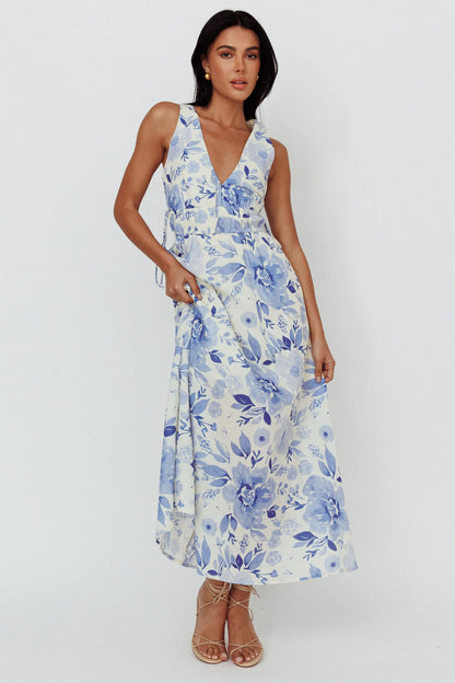 Perla V-Neck Drawstring Maxi Dress Floral Blue